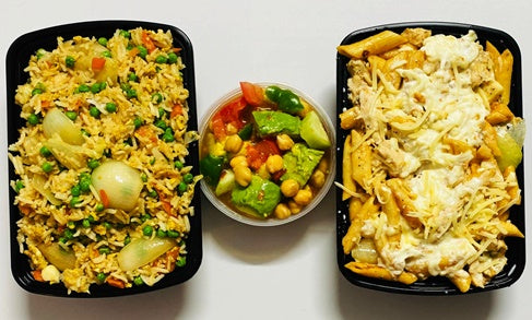 Creamy Garlic chicken pasta and  Fried Rice side dishes avocado salad