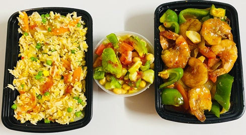 Garlic Butter Shrimp with pepper &amp; fried Rice on the side with Avocado Salad